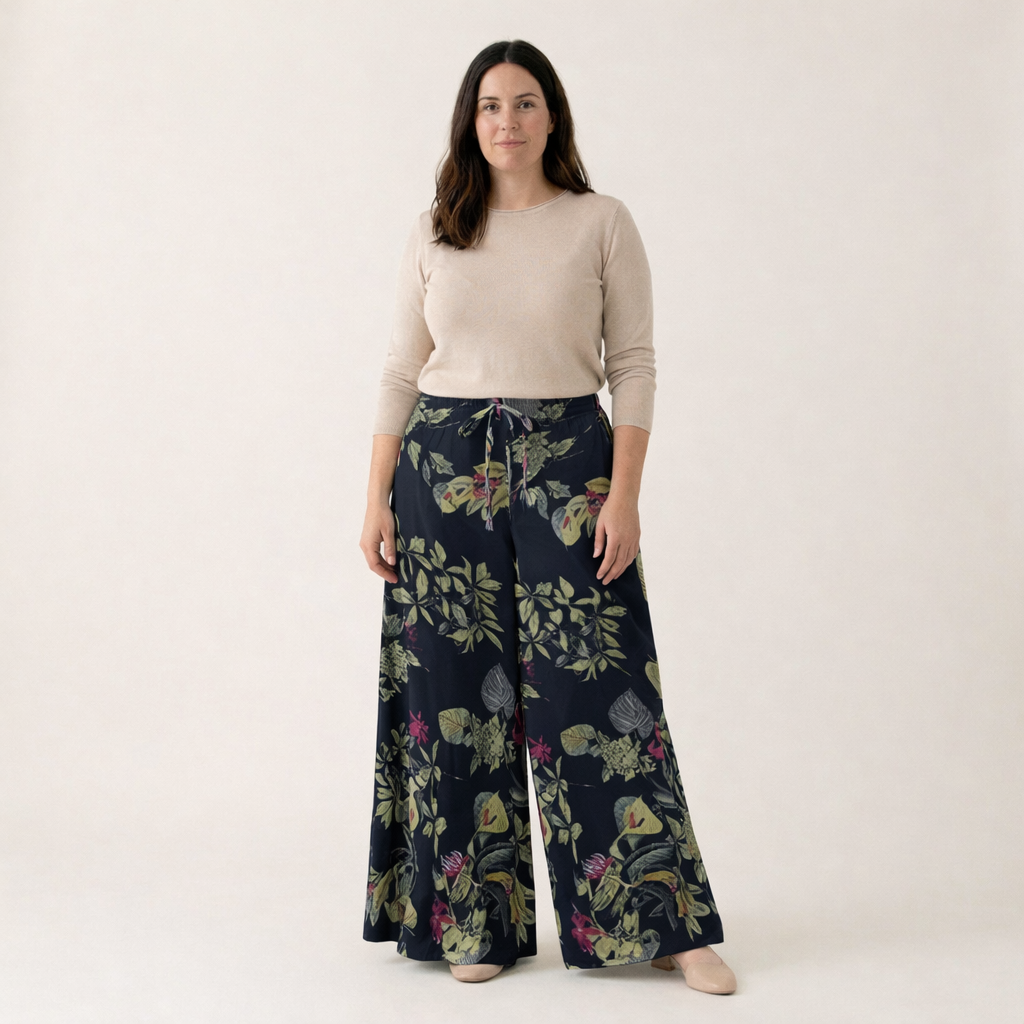 Pantalón Palazzo Botánico estampado – fluido, ancho y elegante